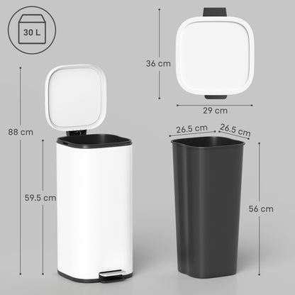 30L Kitchen Bin, Compact Pedal Bin with Soft-Close and Stay-Open Lid, Removable Bucket for Kitchen, Home, Office, White
