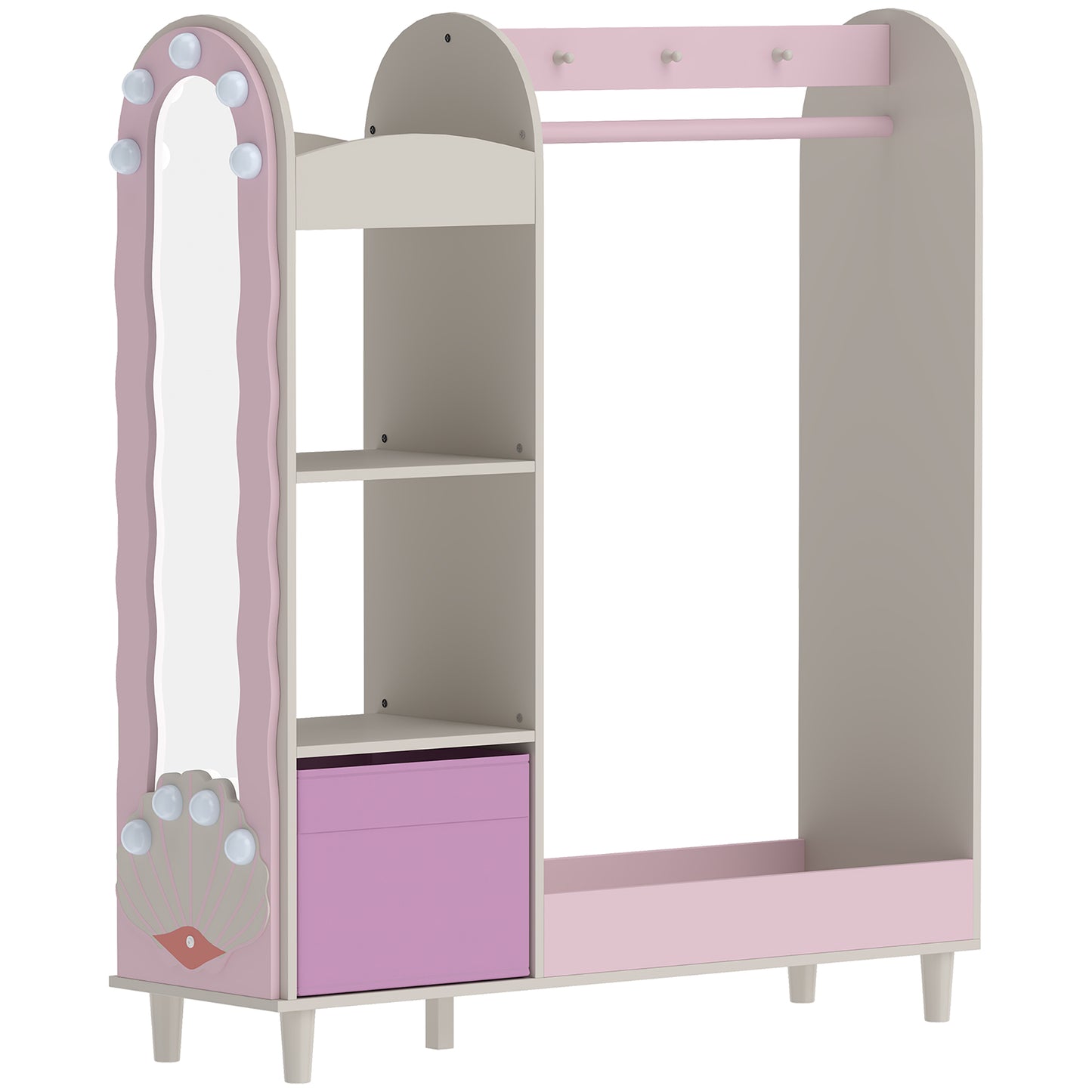 Kids Clothing Rack, Kids Wardrobe with Glowing Lights Mirror, Non-Woven Drawer and Shelves for Bedroom, Ages 3-8, Pink