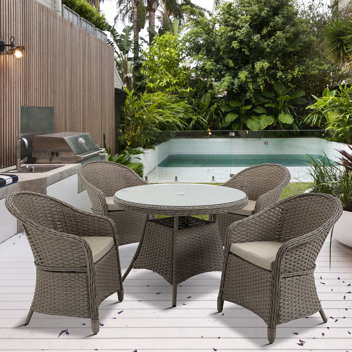 4 Seater Rattan Garden Furniture Set with Cushions, Round PE Rattan Dining Set with Glass-Top Table, Umbrella Hole