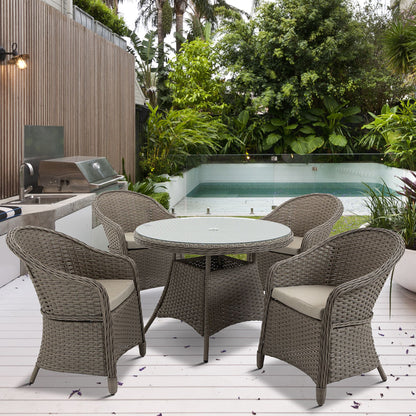 4 Seater Rattan Garden Furniture Set with Cushions, Round PE Rattan Dining Set with Glass-Top Table, Umbrella Hole