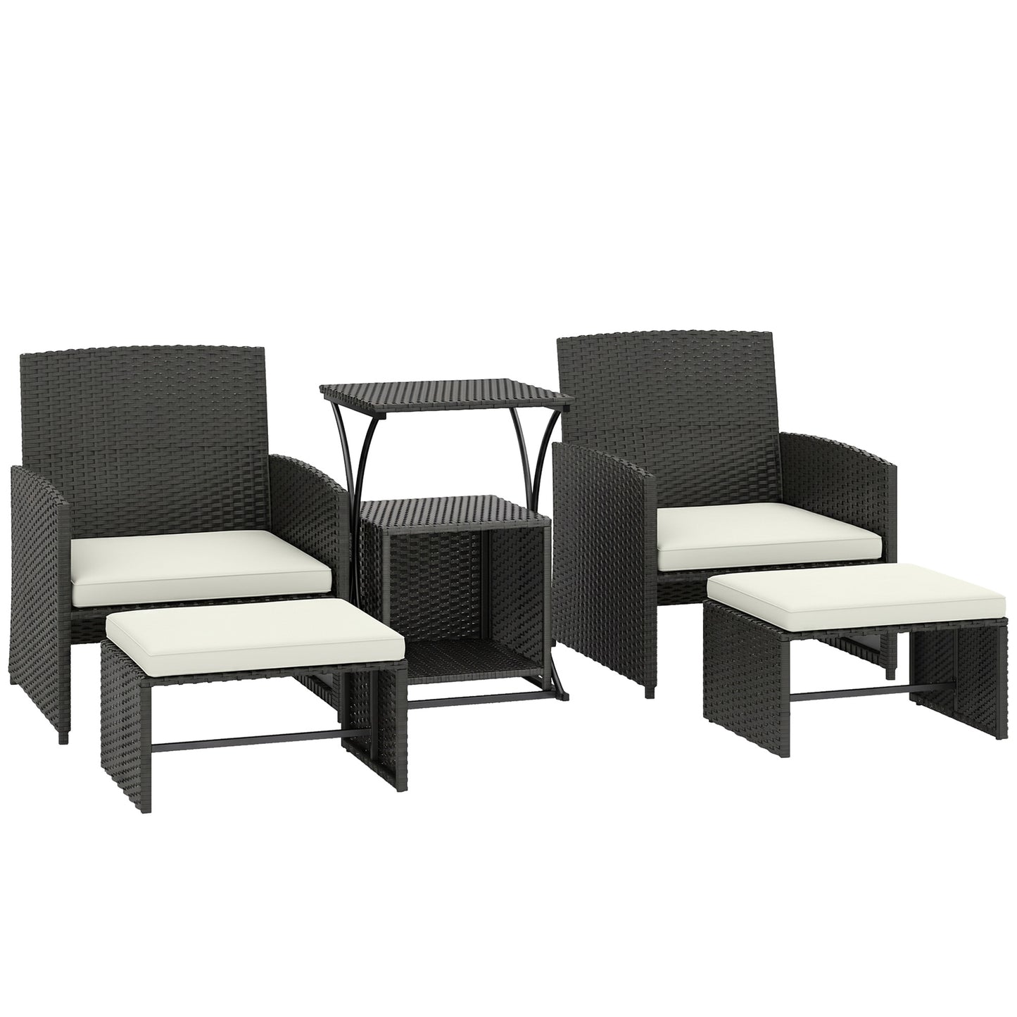 6 Piece Rattan Garden Furniture, Space-Saving Patio Furniture Set with Nesting Tables, Chairs, Stools, Cushions, Black
