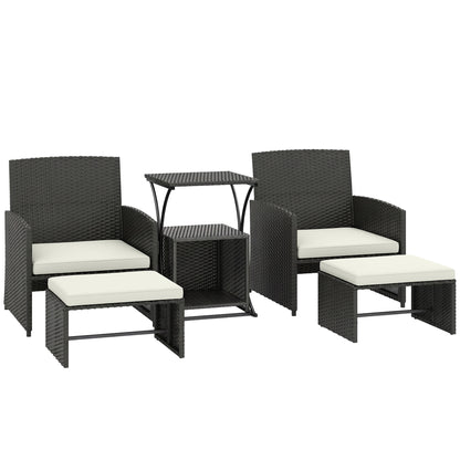 6 Piece Rattan Garden Furniture, Space-Saving Patio Furniture Set with Nesting Tables, Chairs, Stools, Cushions, Black