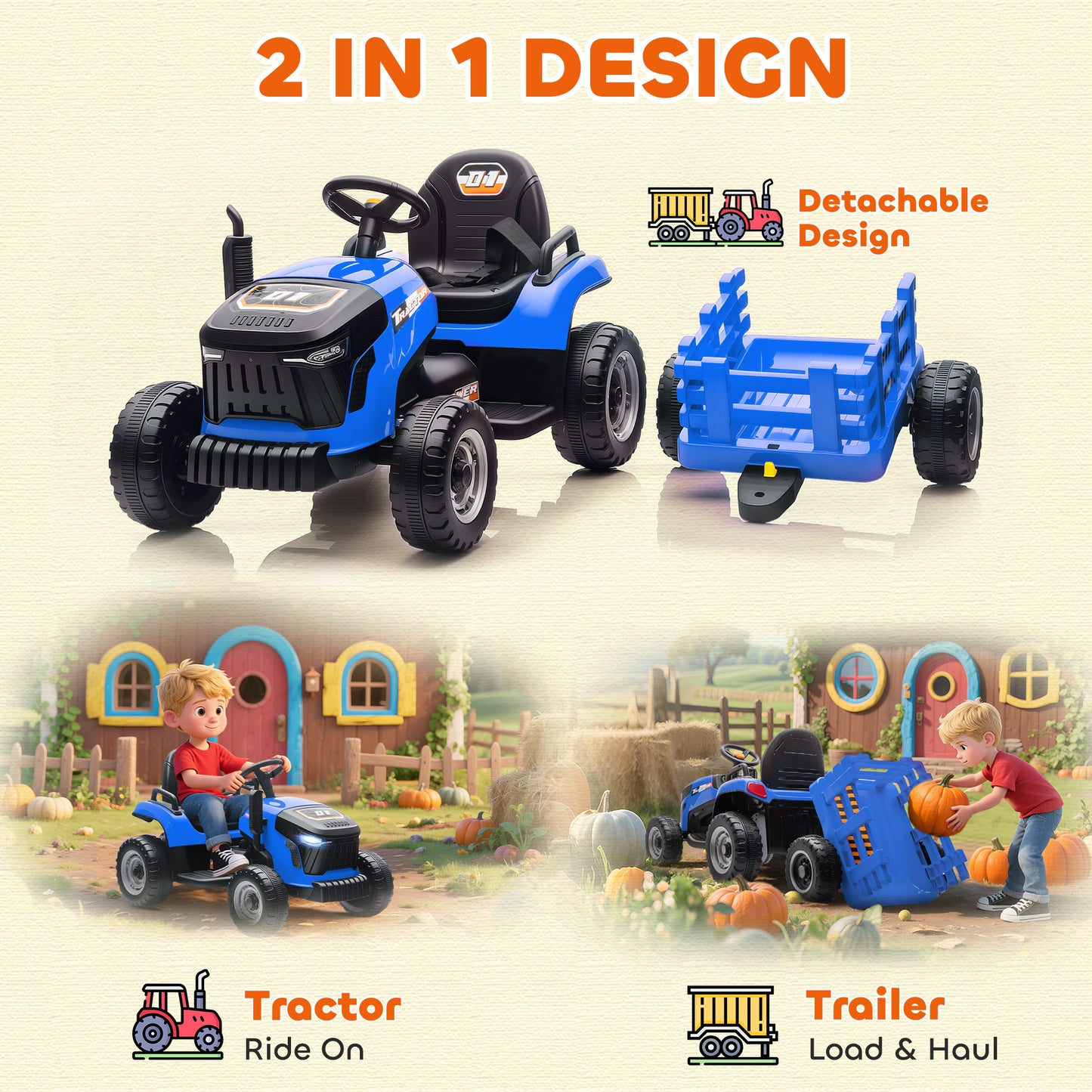 12V Ride on Tractor and Trailer with Remote Control, Music, Shifter, Start-Up Sound, for Kids Ages 3-8 Years, Blue