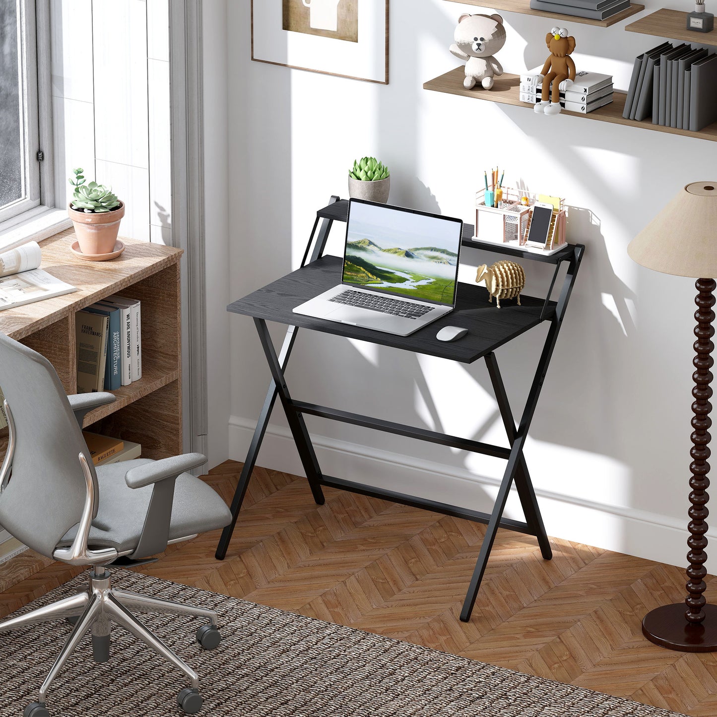 81.5 cm Folding Computer Desk with Monitor Shelf - Black