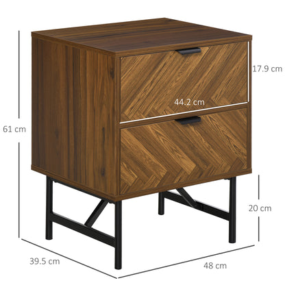 Bedside Table with Two Drawers, Side Cabinet Storage Unit with Metal Handles, Organisation Furniture for Living Room