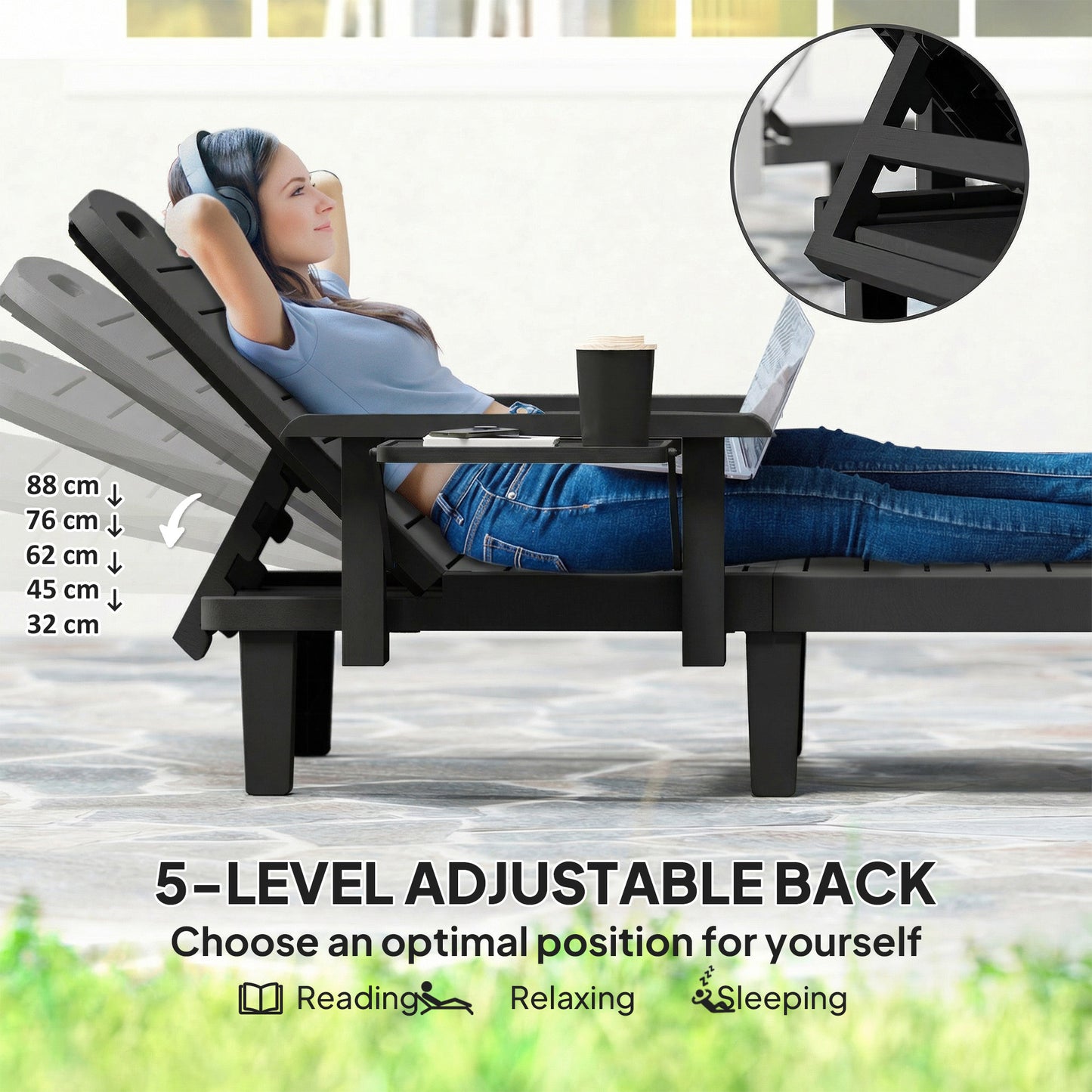 Set of 2 Reclining Sun Loungers, 5 Positions Adjustable Outdoor Chaise Lounge Chair with Armrests, Black