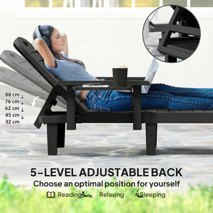 Set of 2 Reclining Sun Loungers, 5 Positions Adjustable Outdoor Chaise Lounge Chair with Armrests, Black