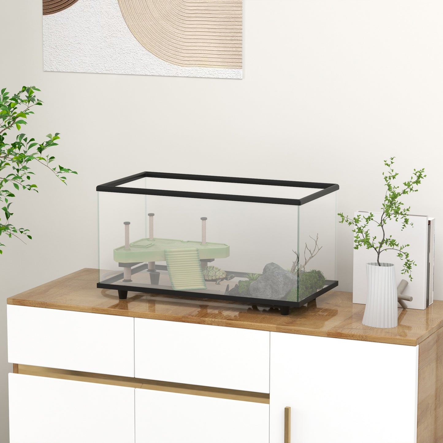 50L Glass Turtle Tank Aquarium with Basking Platform, Easy Drainage