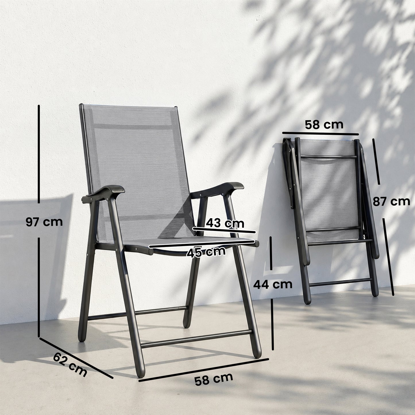 Folding Garden Chairs Set of 2, Foldable Garden Dining Chairs with High Back, Armrests, Texteline Seat, Light Grey