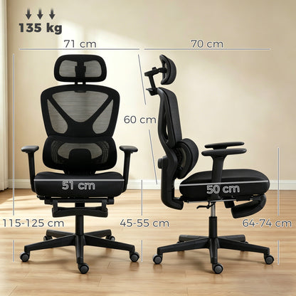 Mesh Desk Chair with 3D Armrests, Ergonomic Office Chair with Rotatable Headrest, Black