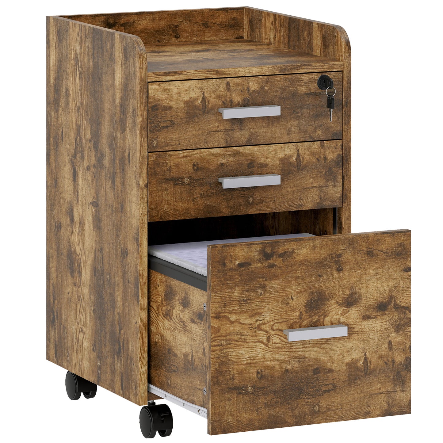 3 Drawer Filing Cabinet with Lock, Rolling File Cabinet with Edged Top for Letter, A4 Size, Hanging File Folders