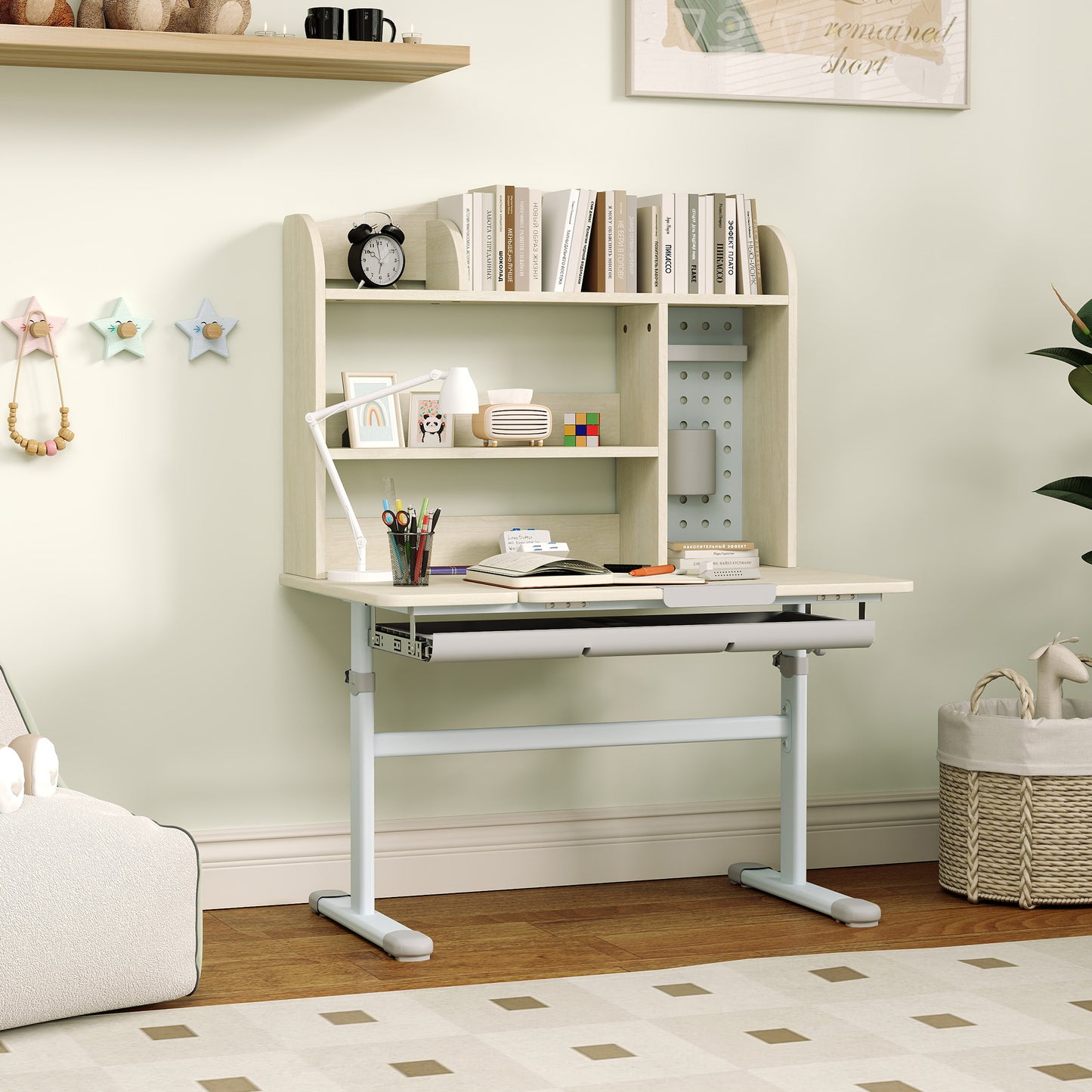 Kids Desk Height Adjustable with Tilt-Desktop, Hutch, Drawer, Storage Shelf, Pegboard, for 3-12 Years Old, Natural