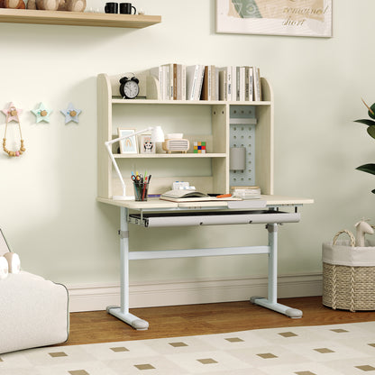 Kids Desk Height Adjustable with Tilt-Desktop, Hutch, Drawer, Storage Shelf, Pegboard, for 3-12 Years Old, Natural