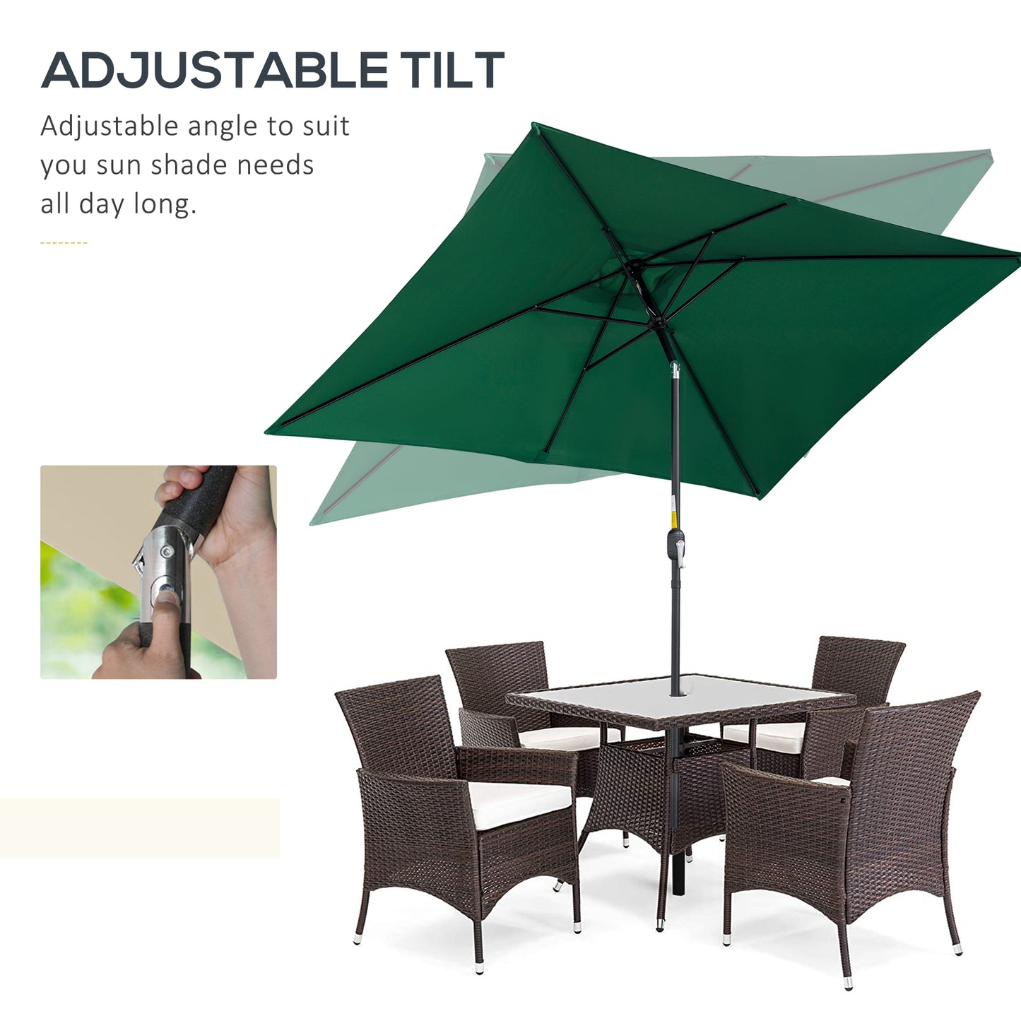 3x2m Garden Parasol Umbrella with Aluminium Pole, Tilt and Crank, Rectangular Outdoor Table Parasol Sun Shade for Patio