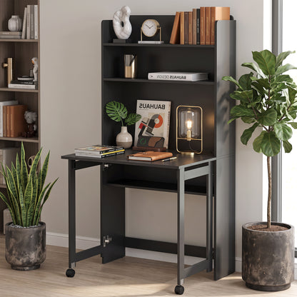 Foldable Desktop, Computer Desk with Storage Shelves, 80 x 69 x 155 cm, Black