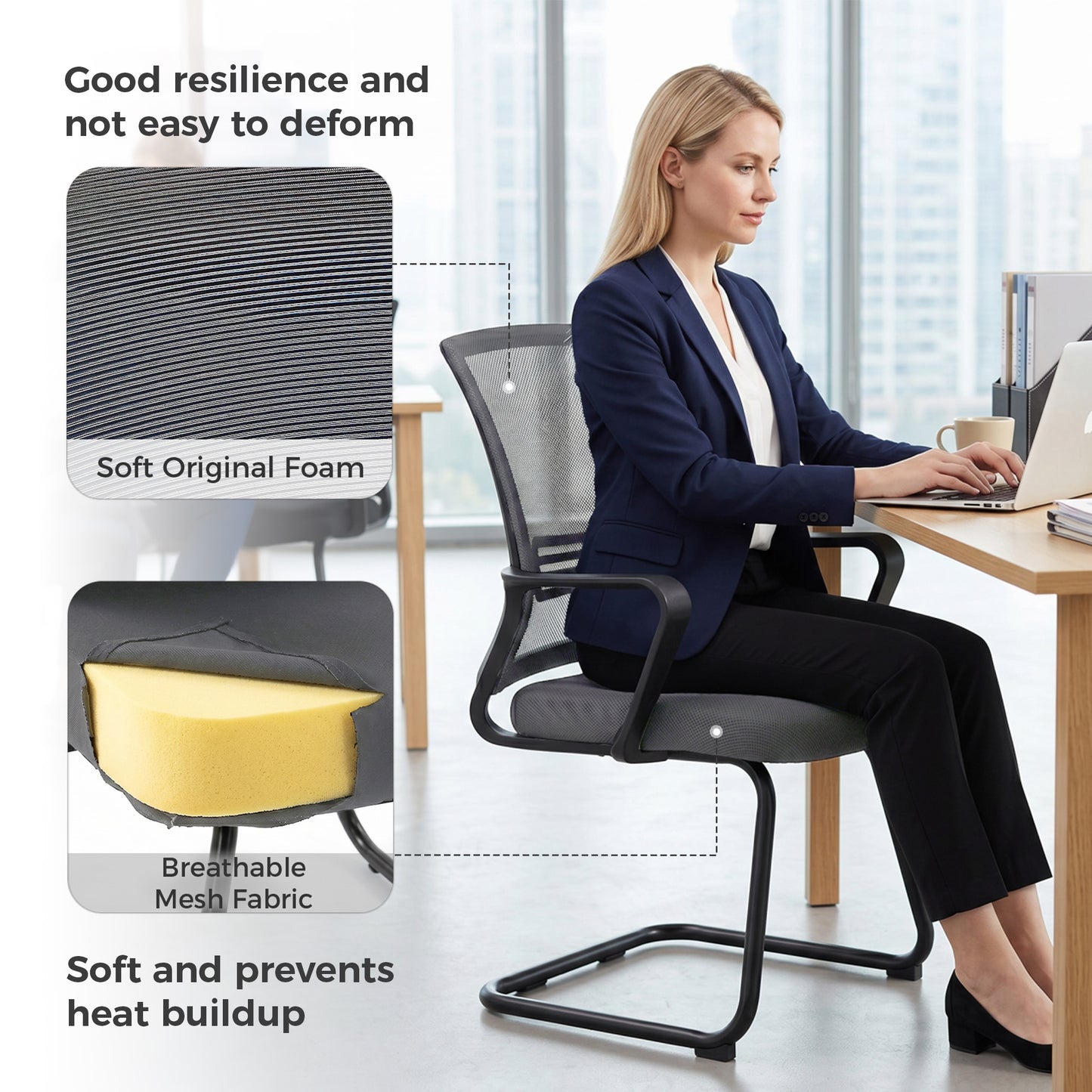 Padded Meeting Office Chair, Ergonomic Desk Chair No Wheels with Sled Base for Bedroom, Waiting, Reception, Dark Grey