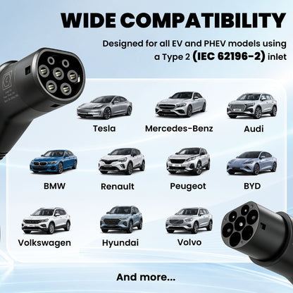 Type 2 EV Charging Cable, 7kW, 32A, Mode 3, 1-Phase, 10m Type 2 to Type 2 EV Extension Cable for EVs, PHEVs