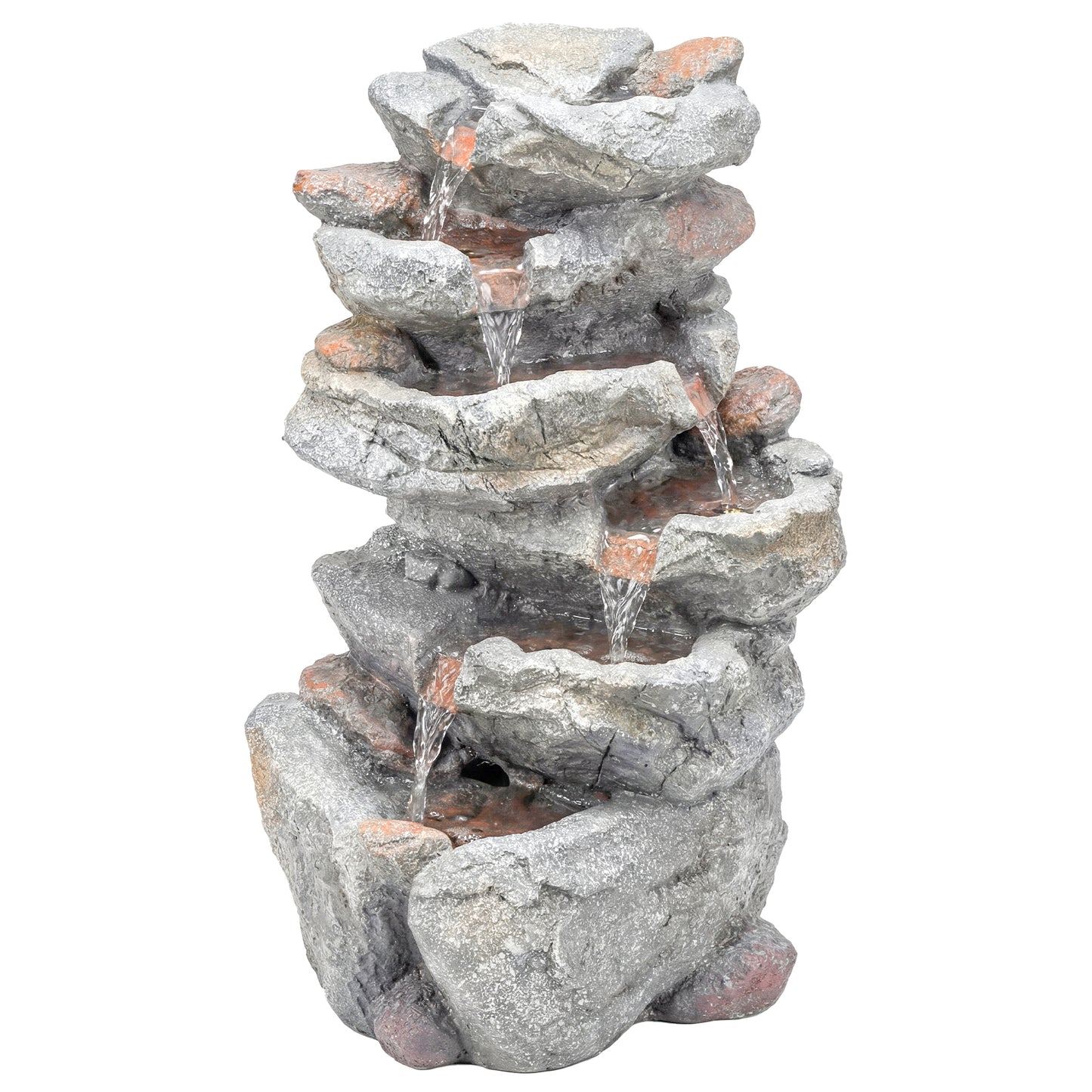 Outdoor Water Fountain with 6-Tier Rock Style, Cascading Waterfall Feature with LED Lights, Adjustable Flow, Grey