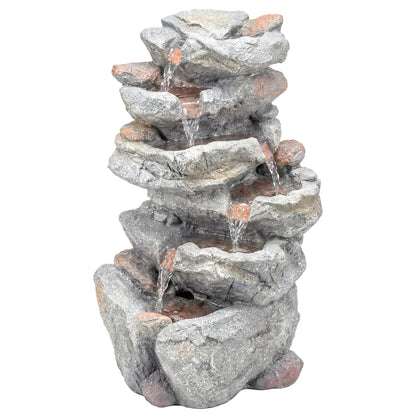 Outdoor Water Fountain with 6-Tier Rock Style, Cascading Waterfall Feature with LED Lights, Adjustable Flow, Grey