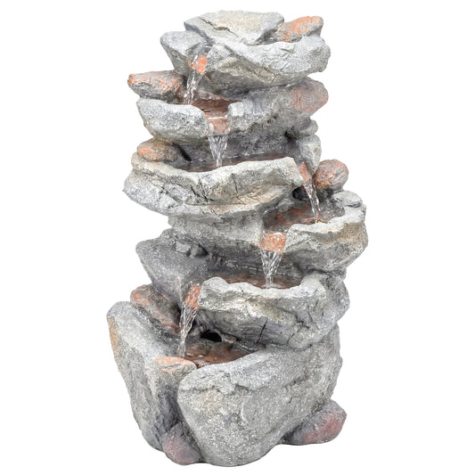 Outdoor Water Fountain with 6-Tier Rock Style, Cascading Waterfall Feature with LED Lights, Adjustable Flow, Grey