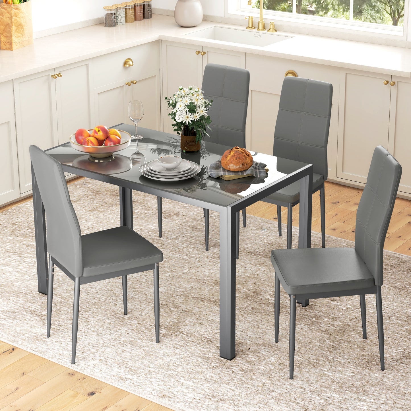 5-Piece Kitchen Dining Table Set with 4 Faux Leather Metal Frame Chairs Glass Tabletop Desk for Dining Room, Kitchen