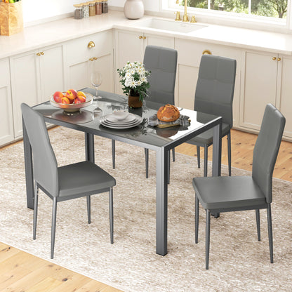 5-Piece Kitchen Dining Table Set with 4 Faux Leather Metal Frame Chairs Glass Tabletop Desk for Dining Room, Kitchen