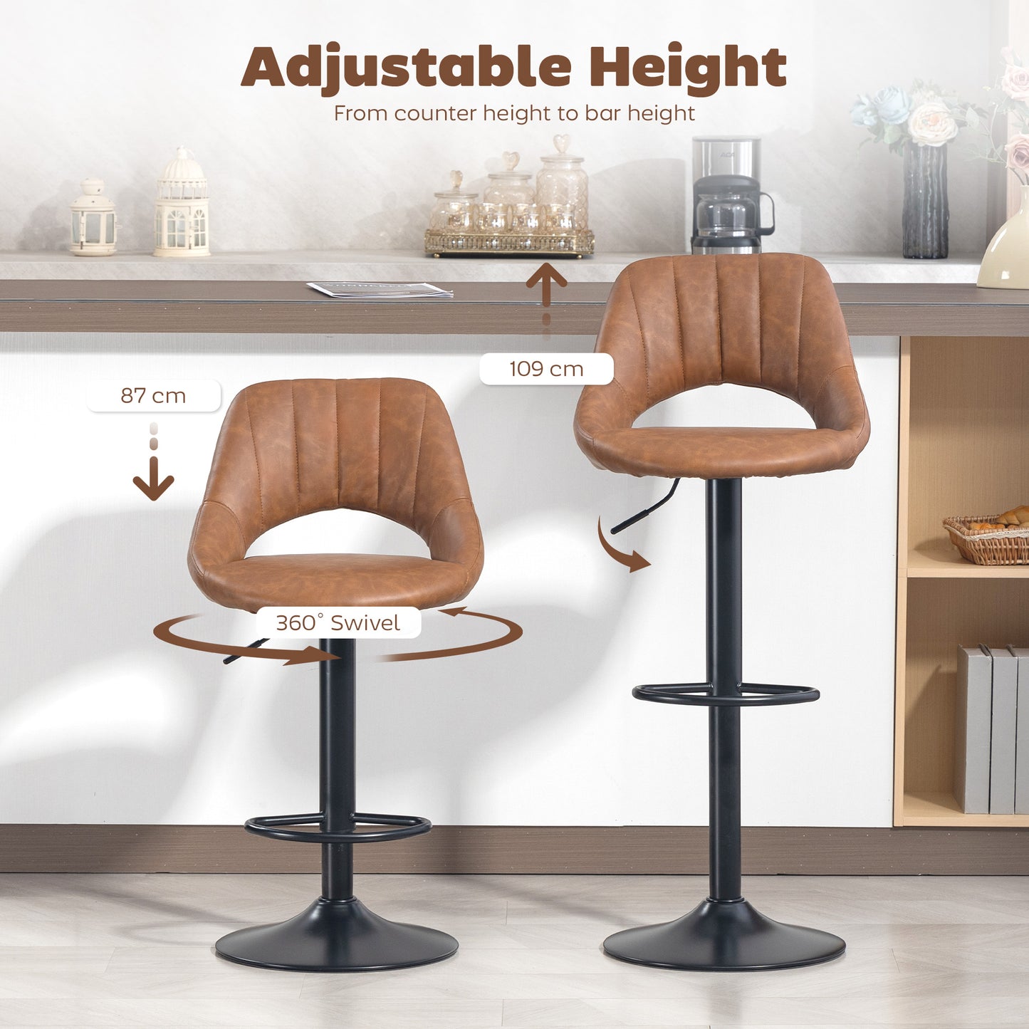 Bar Stools Set of 2, PU Leather Swivel Barstools with Backrest and Footrest for Kitchen, Counter, Breakfast Bar, Brown