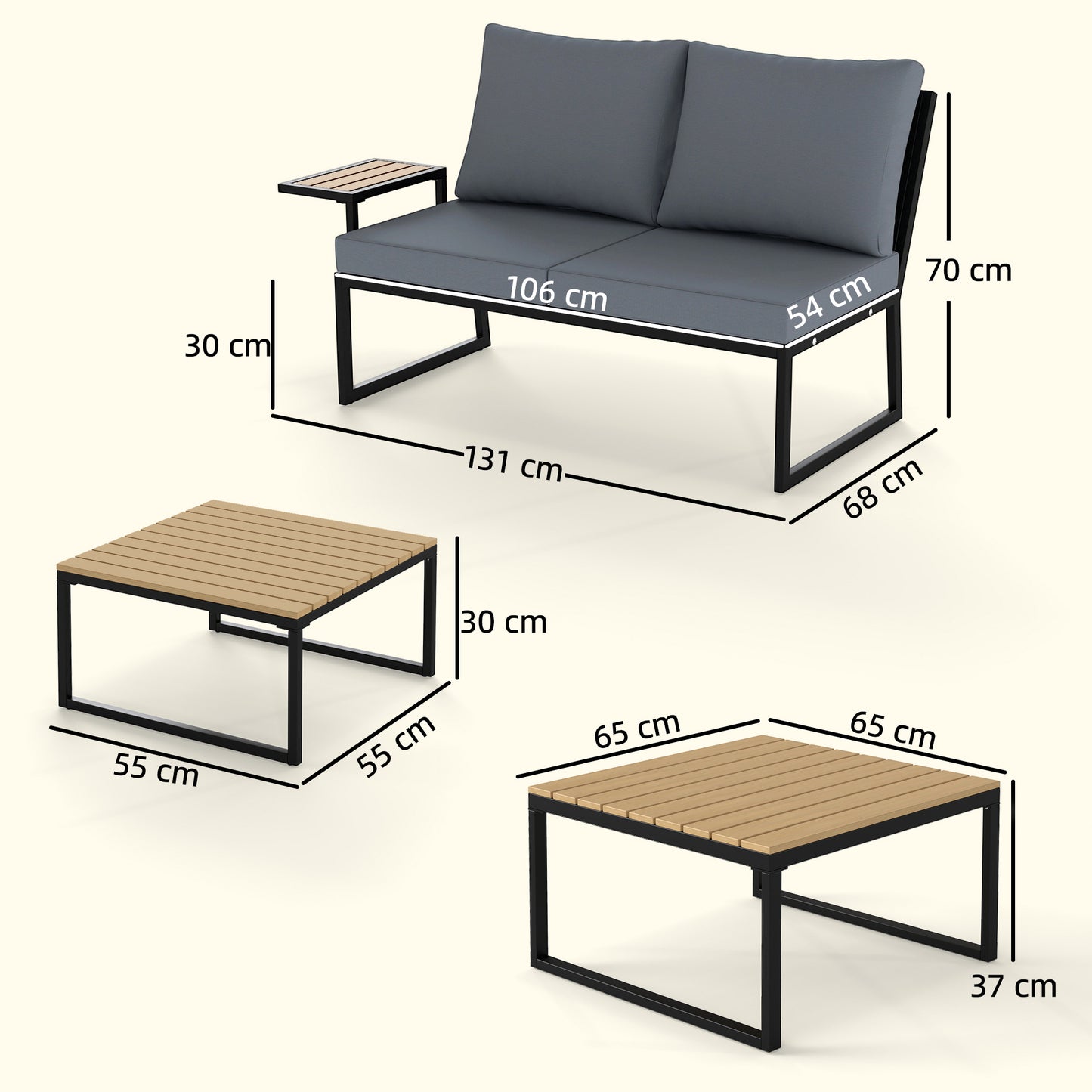 4 Seater Metal Garden Furniture Set, Corner Garden Sofa Set with 2 Loveseats, 2 Nesting Tables, Arm Side Trays, Teak