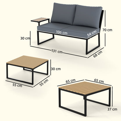 4 Seater Metal Garden Furniture Set, Corner Garden Sofa Set with 2 Loveseats, 2 Nesting Tables, Arm Side Trays, Teak