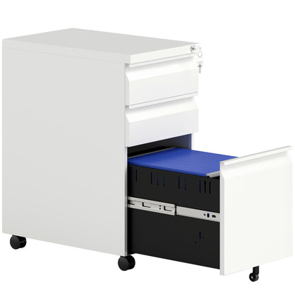 3-Drawer Steel Filing Cabinet with Lock and Wheels - White