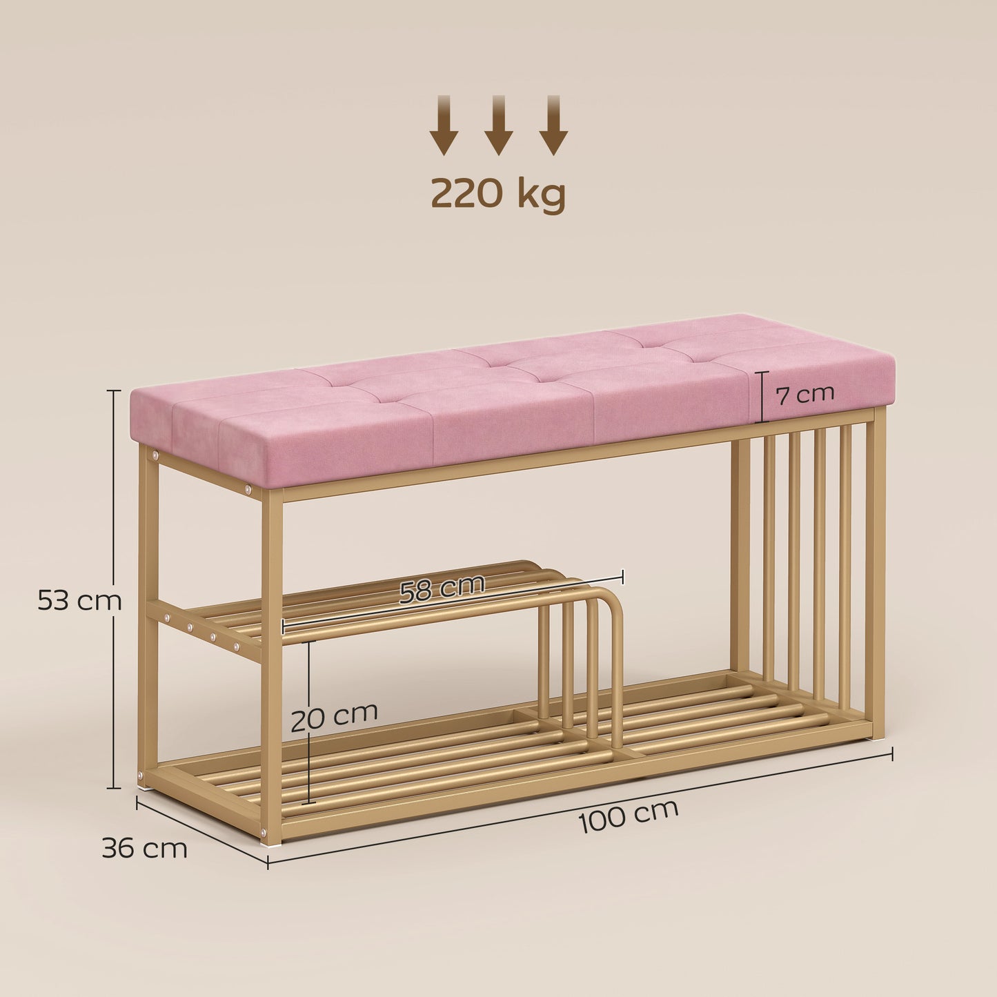 Bench and Shoe Storage, Tufted Shoe Storage Bench with Velvet Seat Cushion Gold Steel Frame for Entryway, Pink