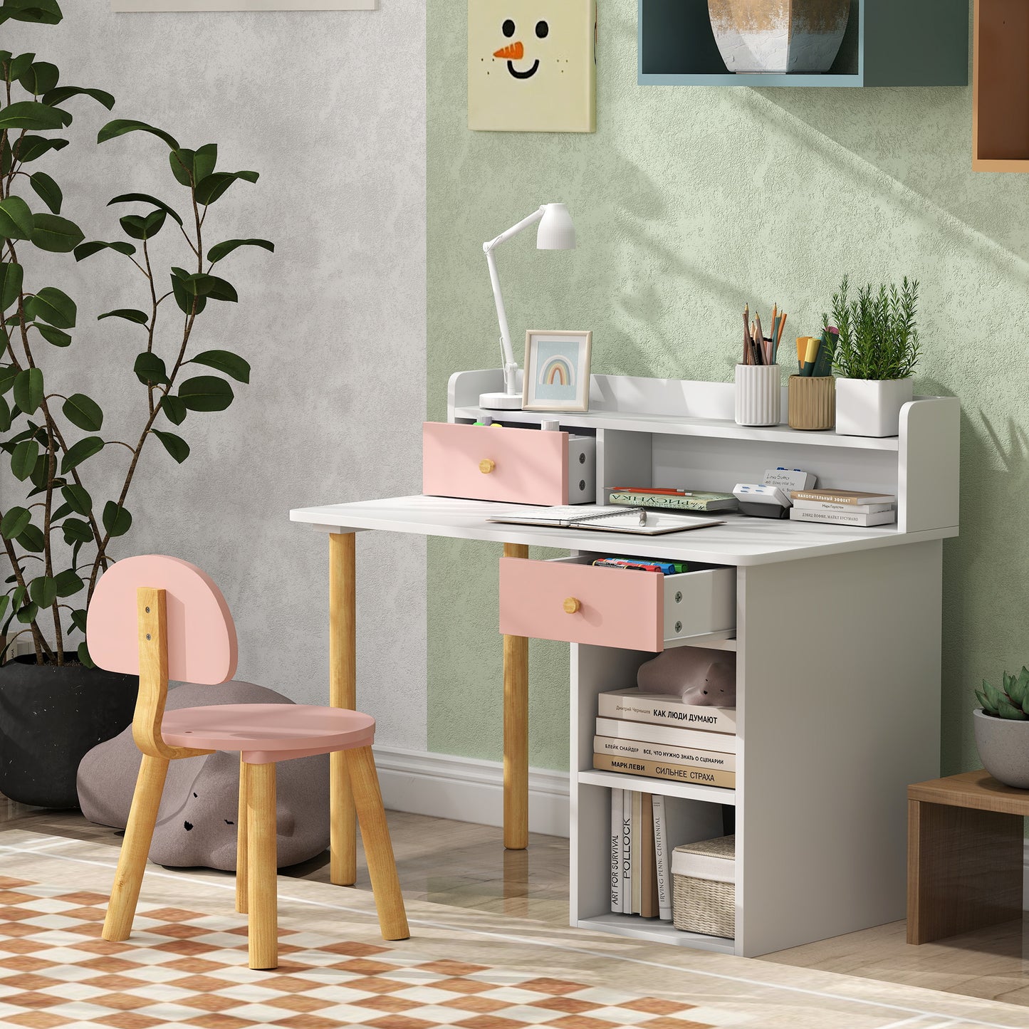2 Pieces Children Study Table with Hutch, Kids Desk and Chair Set with Storage, Drawer, Shelves, Pink