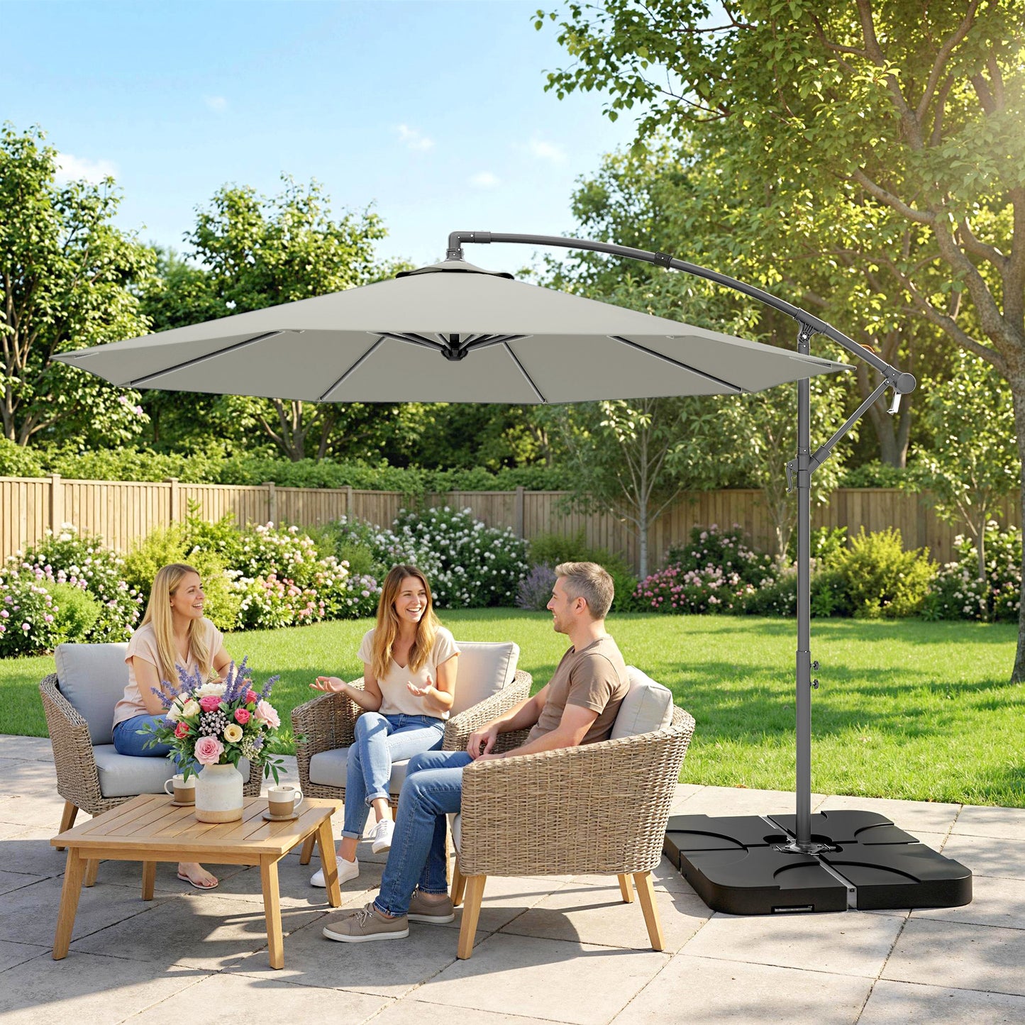 3m Overhanging Parasol, with Base, Weights and Cover - Light Grey