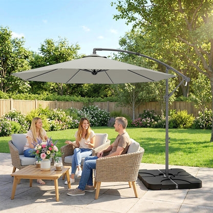 3m Overhanging Parasol, with Base, Weights and Cover - Light Grey