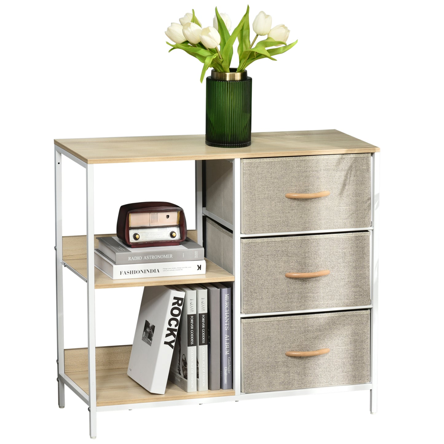 Chest of Drawers Storage Dresser Cabinet Organizer with 3 Fabric Drawers and 2 Display Shelves for Living Room, Bedroom