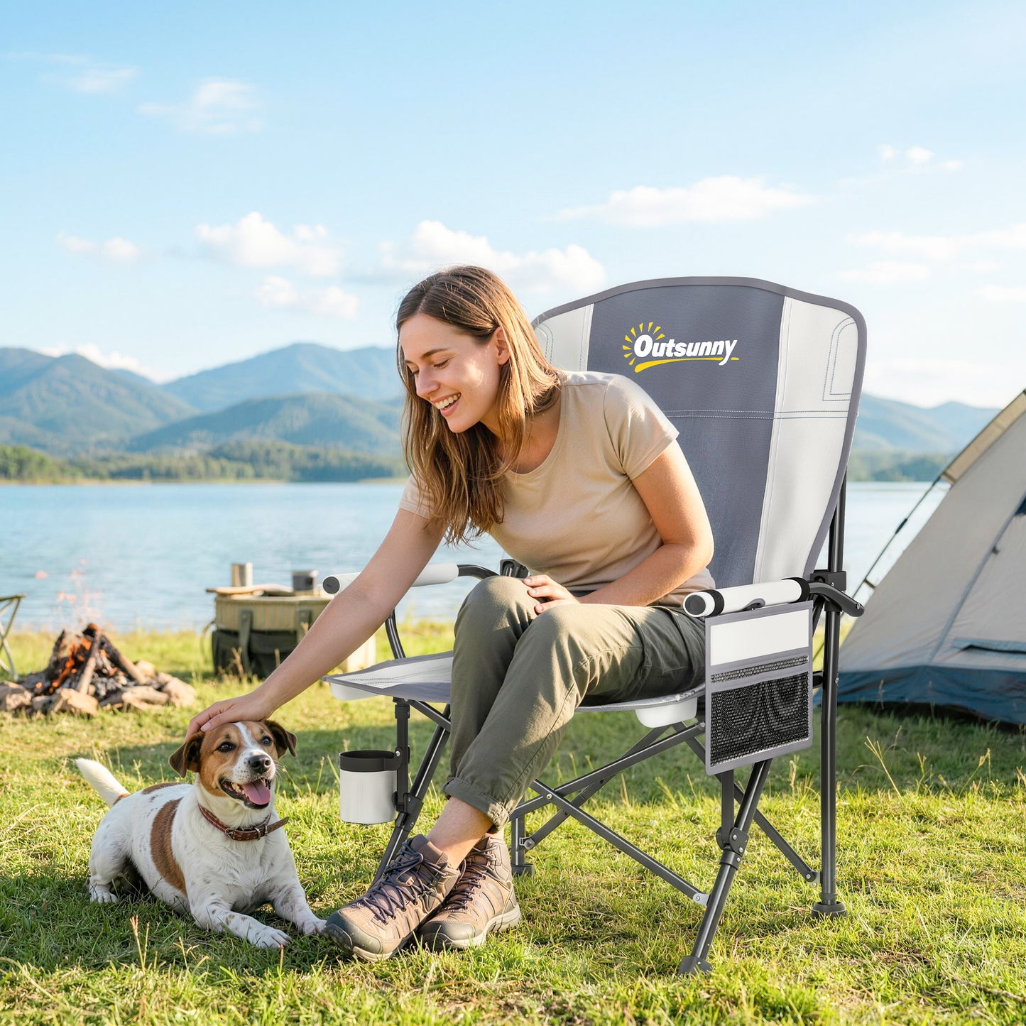 Padded Camping Chair Adults Heavy Duty Folding Chair Side Pocket Cup Holder Carry Bag Outdoor Light Grey