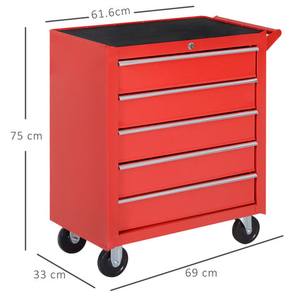 5-Drawer Lockable Tool Storage Cabinet with Wheels, Handle, 2 Keys, Steel Home Work DIY Workshop Chest
