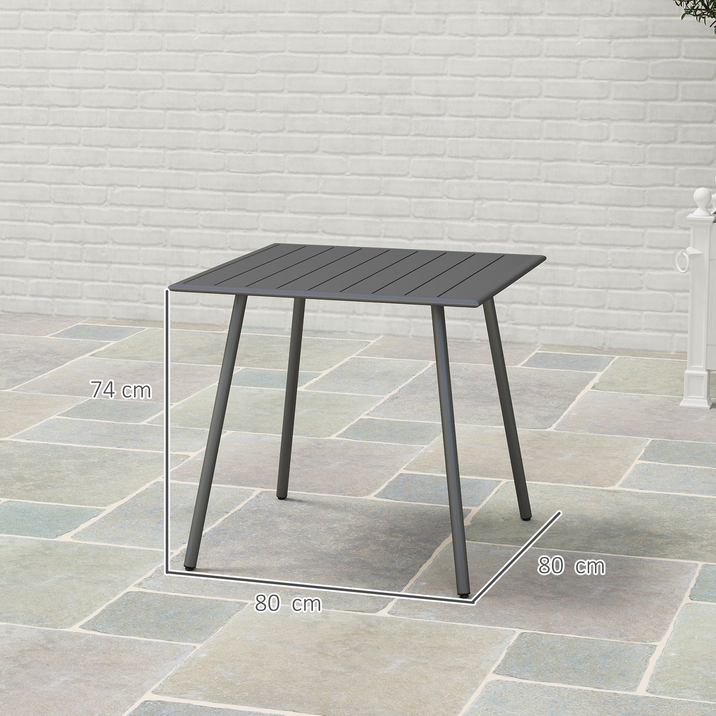 Square Garden Table with Slat Top, Steel Frame, Outdoor Table for 4 Person, 80 x 80 x 74 cm, Grey