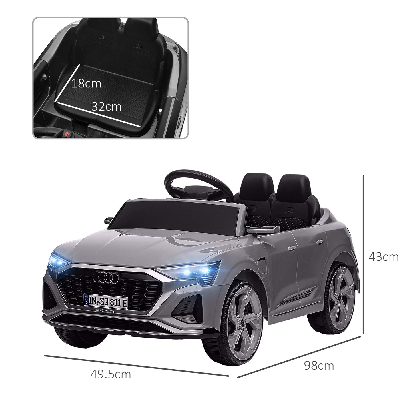 Audi Q8 e-tron Sportback Licensed 12V Ride on Car w/ Remote, 4 Spring Suspension Wheels, Headlamps, Music, Horn - Grey