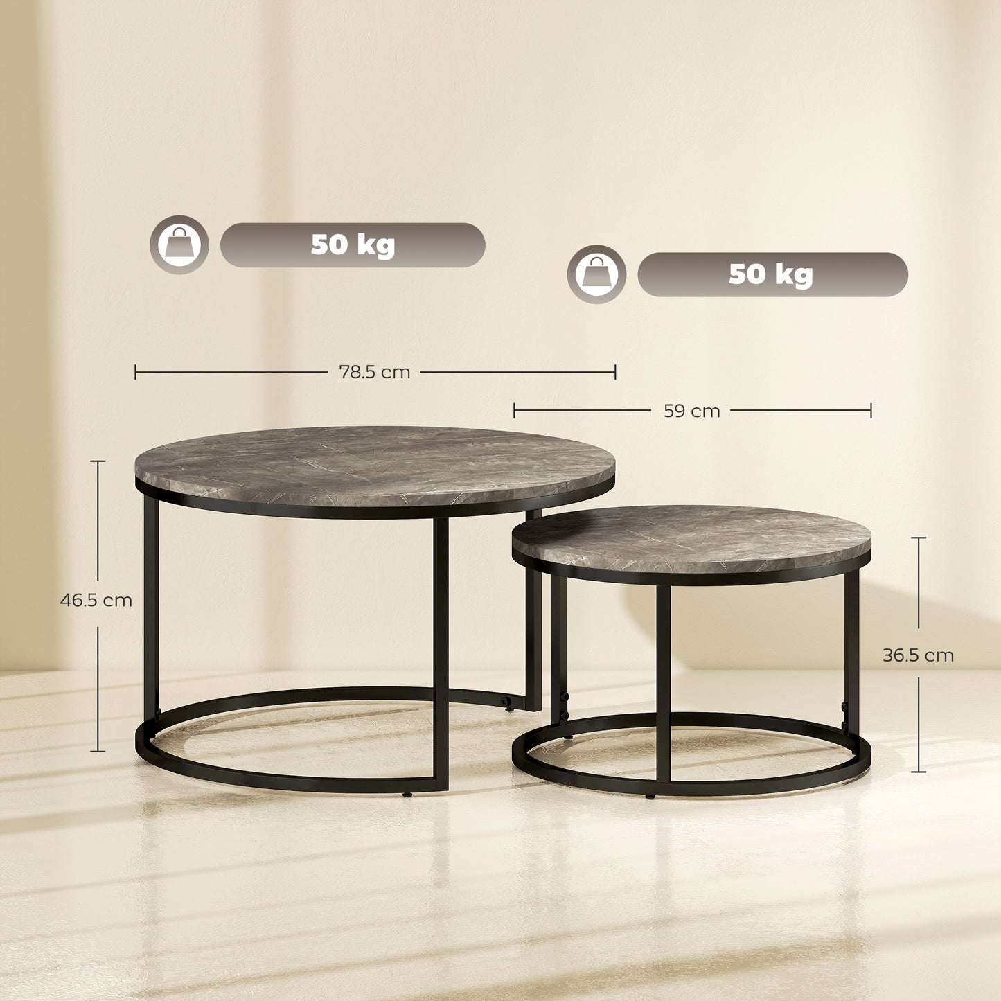 Industrial Nesting Coffee Table Set of 2, Round Coffee Tables, Living Room Table with Faux Marbled Top and Steel Frame