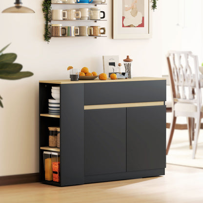 Kitchen Island, Storage Cabinet with Adjustable Shelf, 2 Drawers, 3 Open Shelves, Black