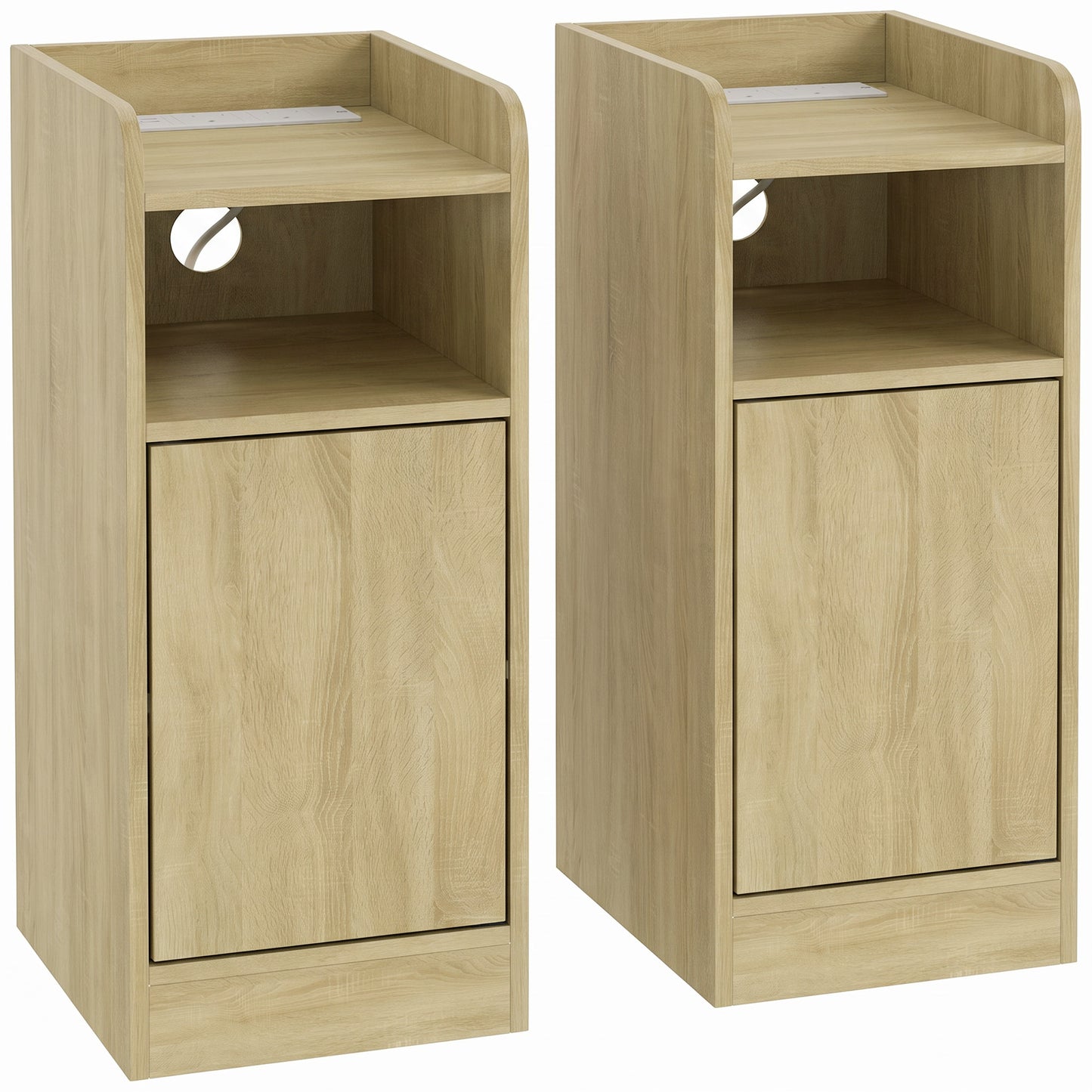 Slim Bedside Table Set of 2 with Charging Station, Narrow Bedside Cabinet with Adjustable Shelf, Oak