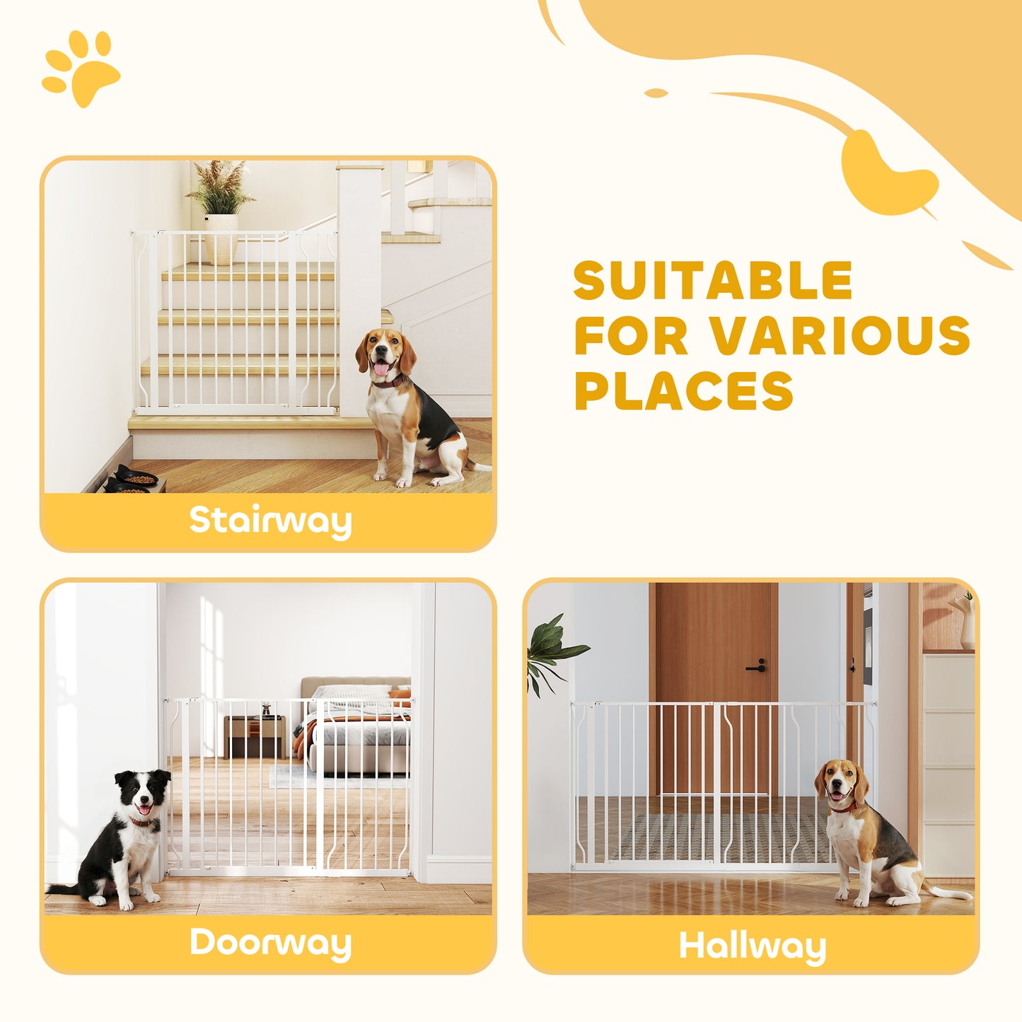Extra Wide Dog Safety Gate, with Door Pressure, for Doorways, Hallways, Staircases - White