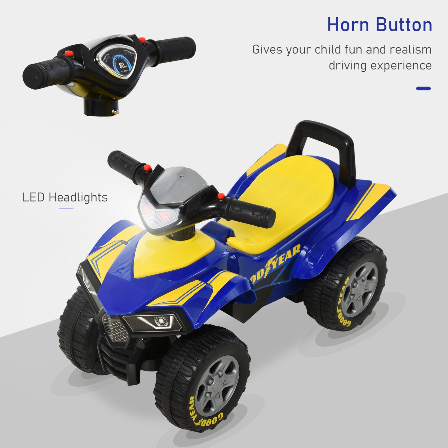 Baby Quad Bike Kids Ride On Car Goodyear Licensed Walker Foot To Floor Slider NO POWER w/ Lights Horn Storage Blue for 18-36