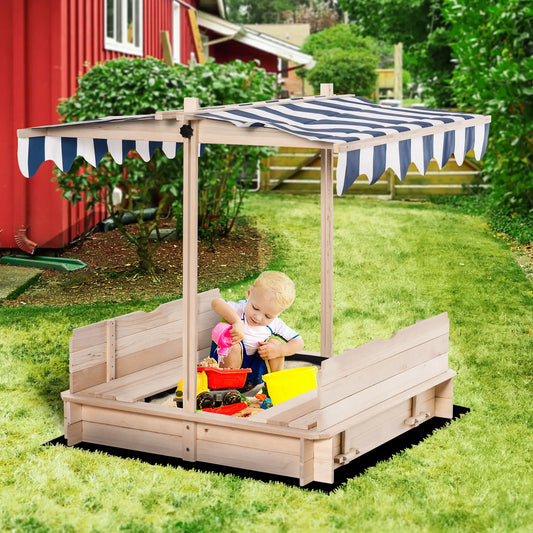 Kids Square Wooden Sandpit with 2 Benches and Adjustable Canopy - Navy