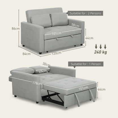 Loveseat Sofa Bed, Convertible Bed Settee with 2 Pillows, Side Pockets, Light Grey