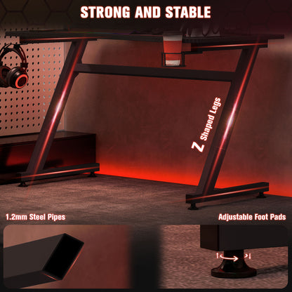 Gaming Desk 120 x 65 cm Steel Frame with Cup Holder, Headphone Hook, Adjustable Feet and Cable Organiser
