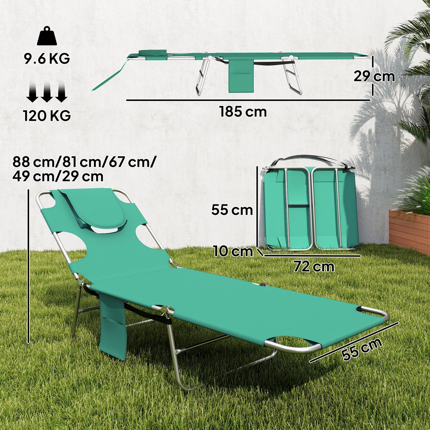 5-Position Adjustable Sun Loungers Set of 2 with Reading Hole and Side Pocket, Green