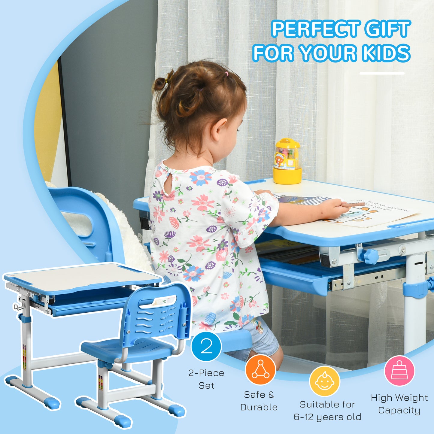 Kids Desk and Chair Set, Height Adjustable Student Writing Desk, Children School Study Table with Tiltable Desktop, Drawer