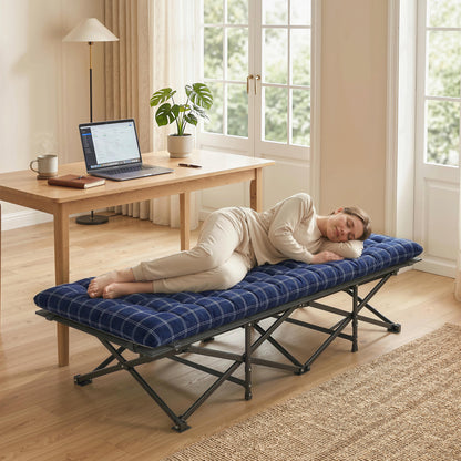 Camping Cot with Soft Pad, 80cm Extra Wide Folding Cots with Side Pocket and Carry Bag, Blue